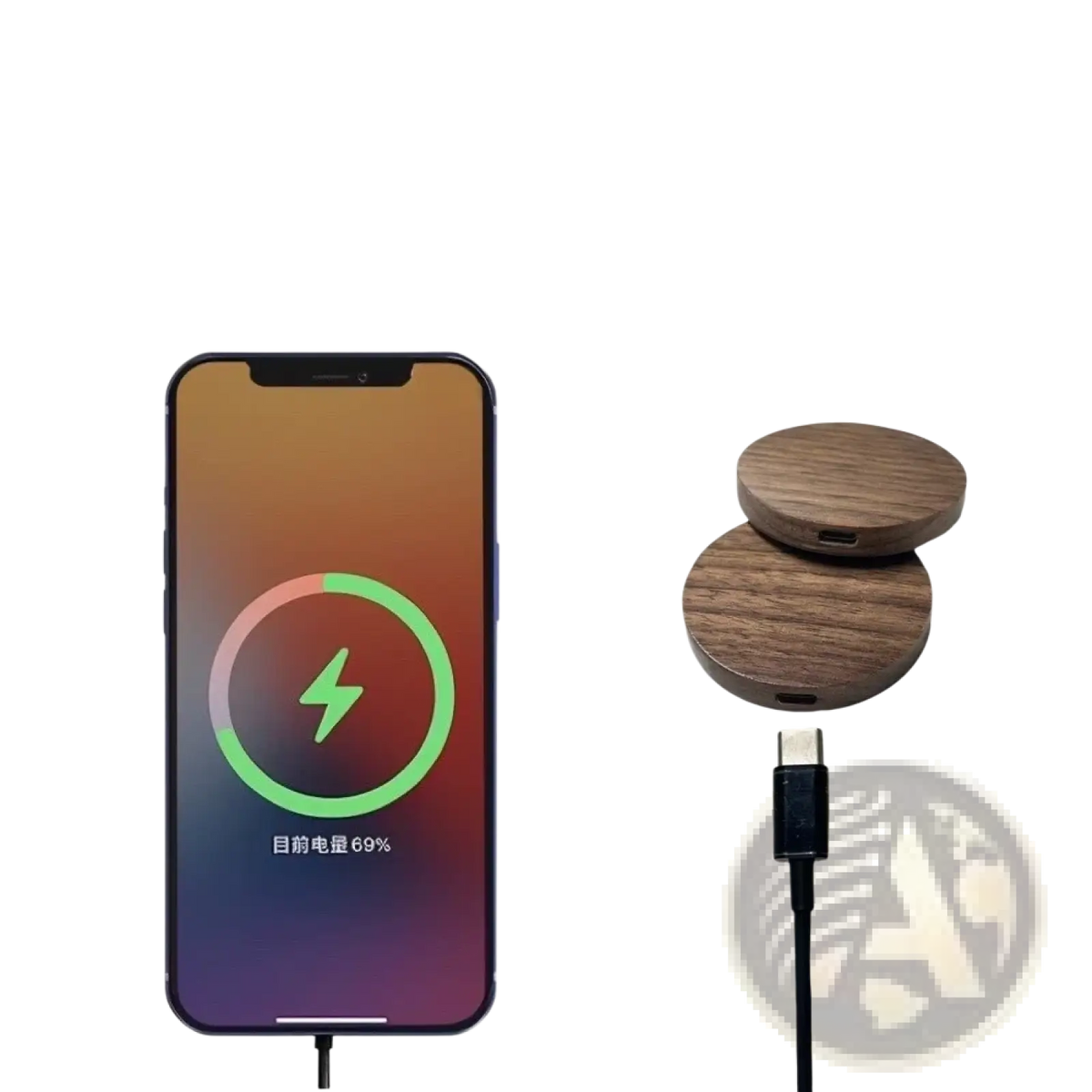 Walnut wood wireless charging pad 15w with circular natural grain finish and minimalist design for fast charging