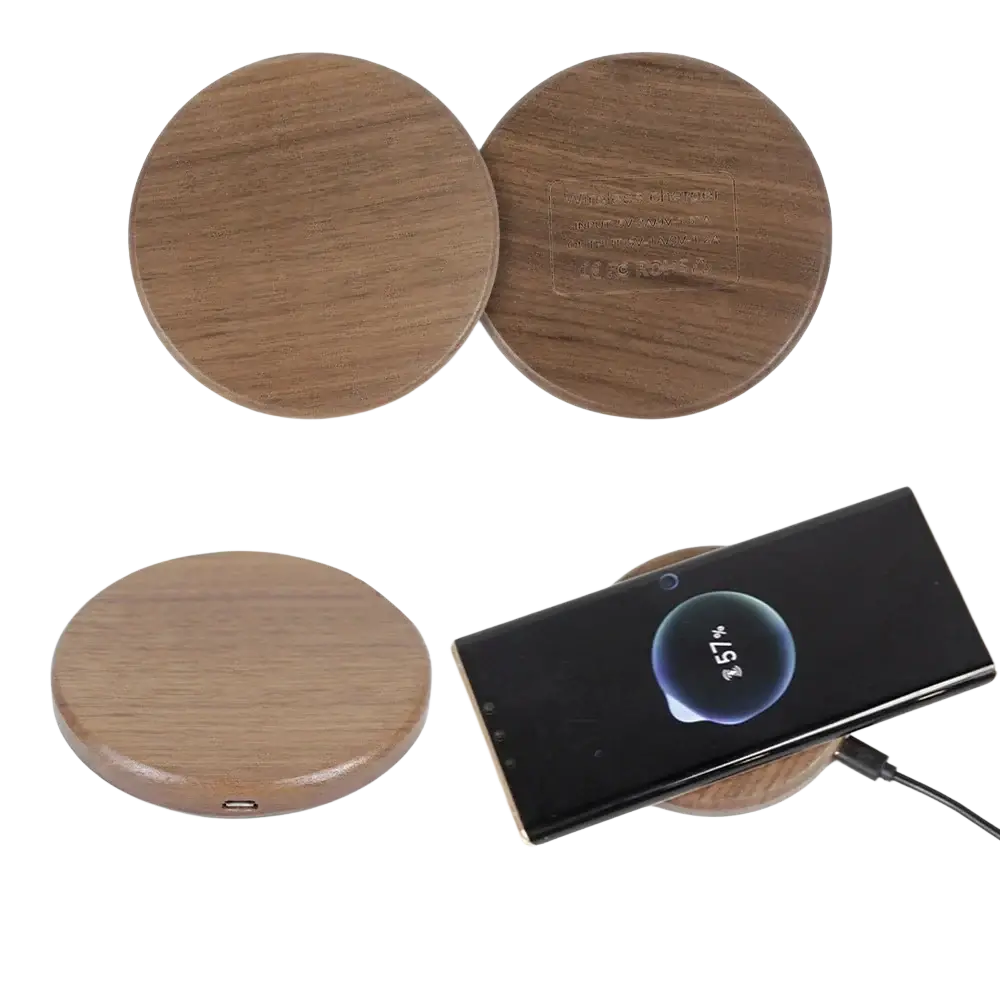 Walnut wood wireless charging pad 15w with circular natural grain finish and usb-c port for efficient charging