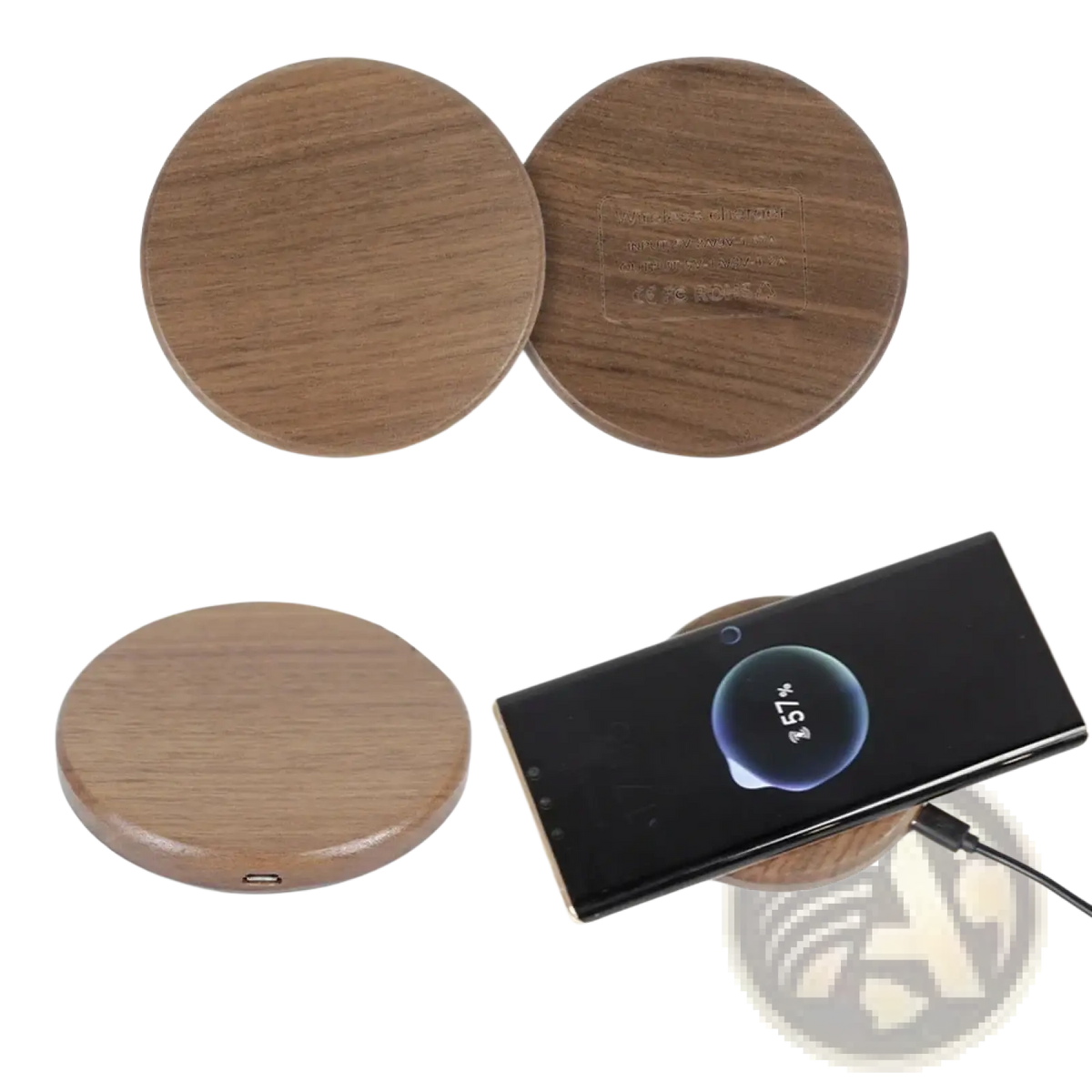 Walnut wood wireless charging pad 15w with circular natural grain finish and usb-c port for efficient charging