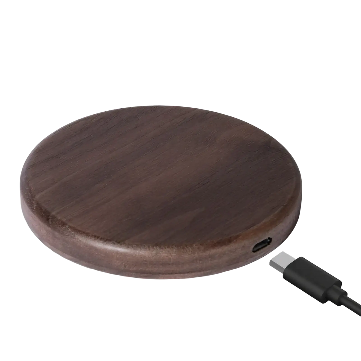 Dark brown walnut wood wireless charging pad 15w with circular design and usb-c port for efficient charging