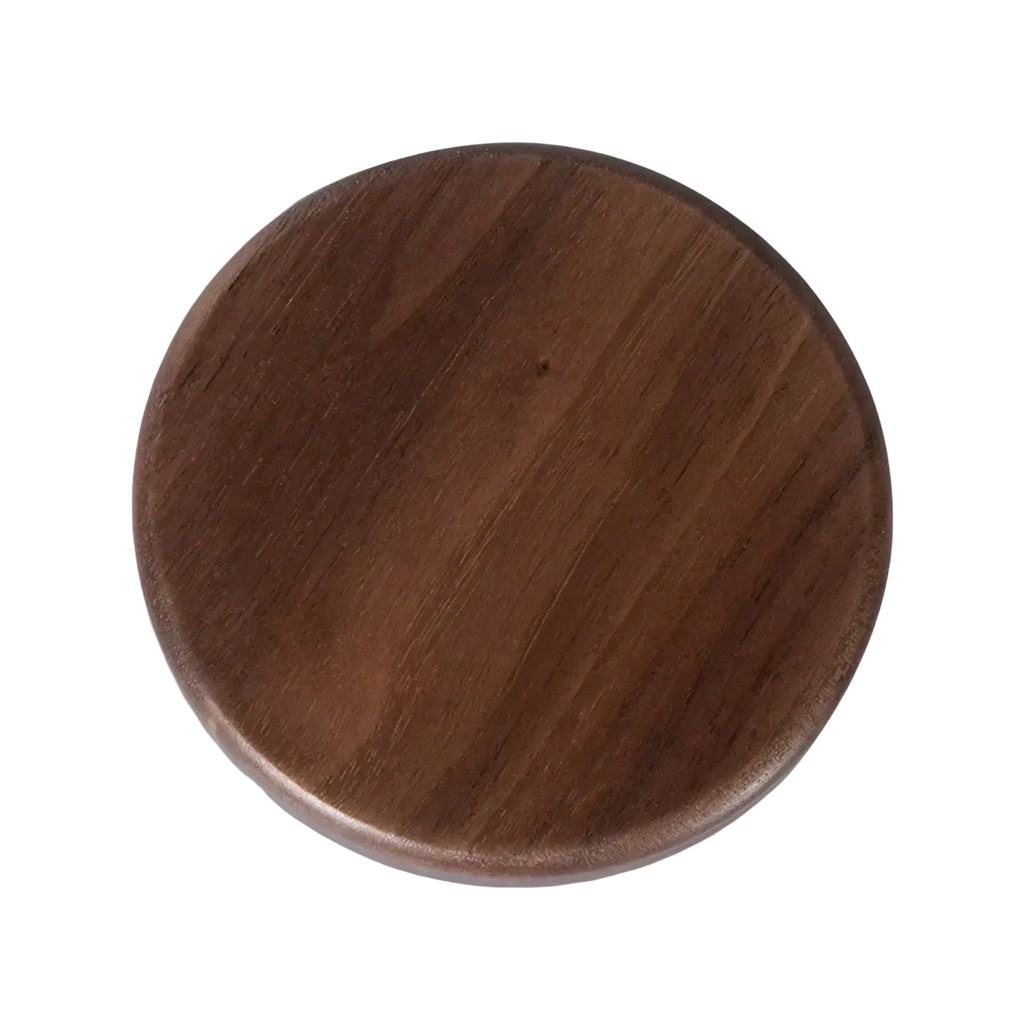 Dark brown walnut wood wireless charging pad 15w with circular shape and visible grain patterns
