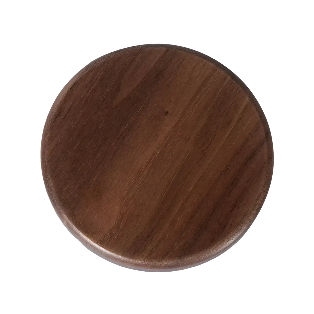 Dark brown walnut wood wireless charging pad 15w with circular shape and visible grain patterns