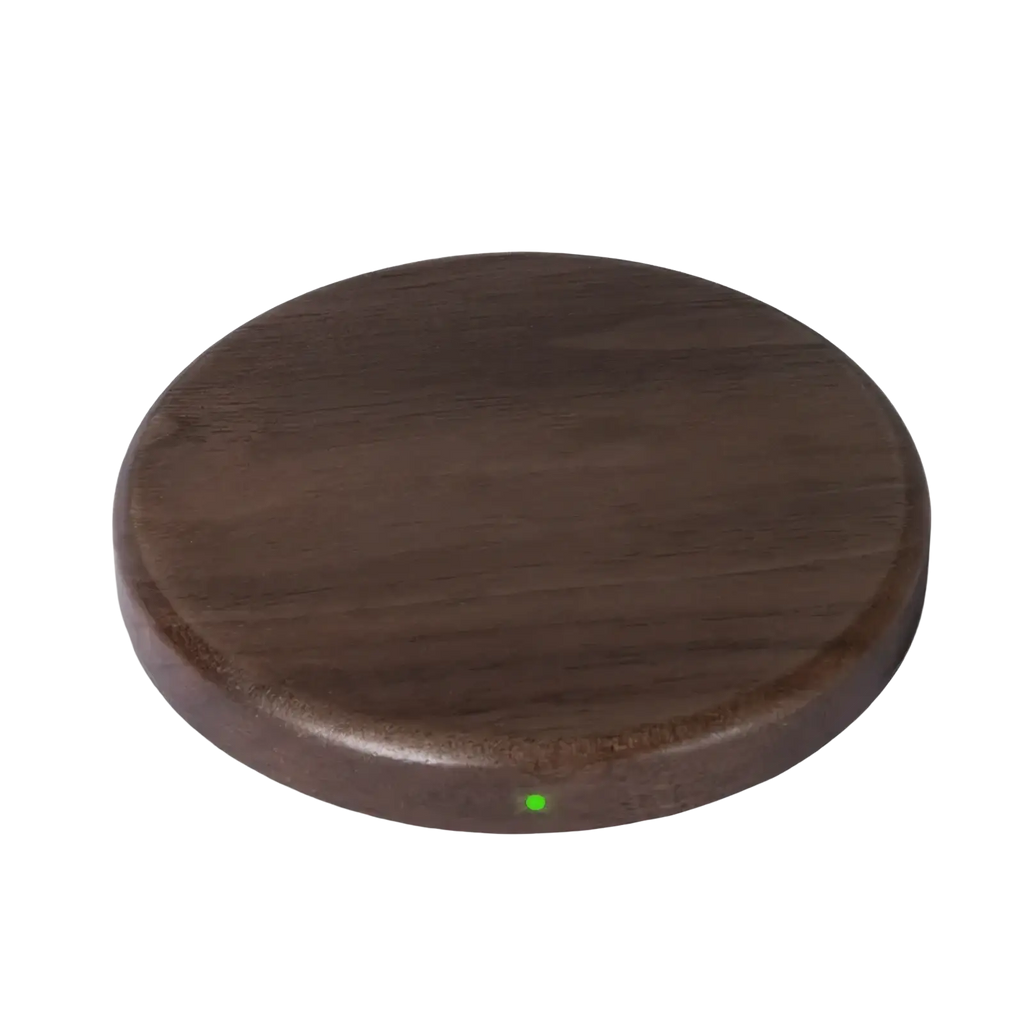 Dark brown walnut wood circular wireless charging pad with 15w power and green indicator light