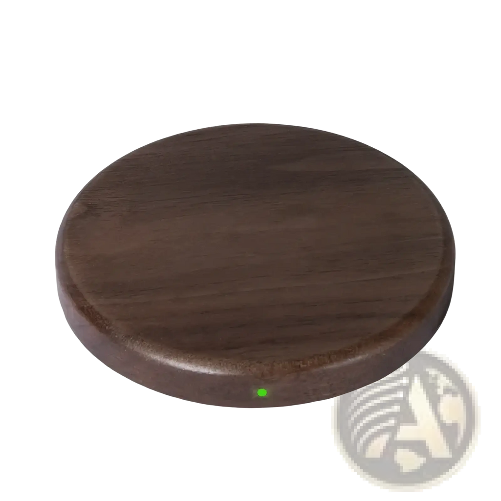 Dark brown walnut wood circular wireless charging pad with 15w power and green indicator light