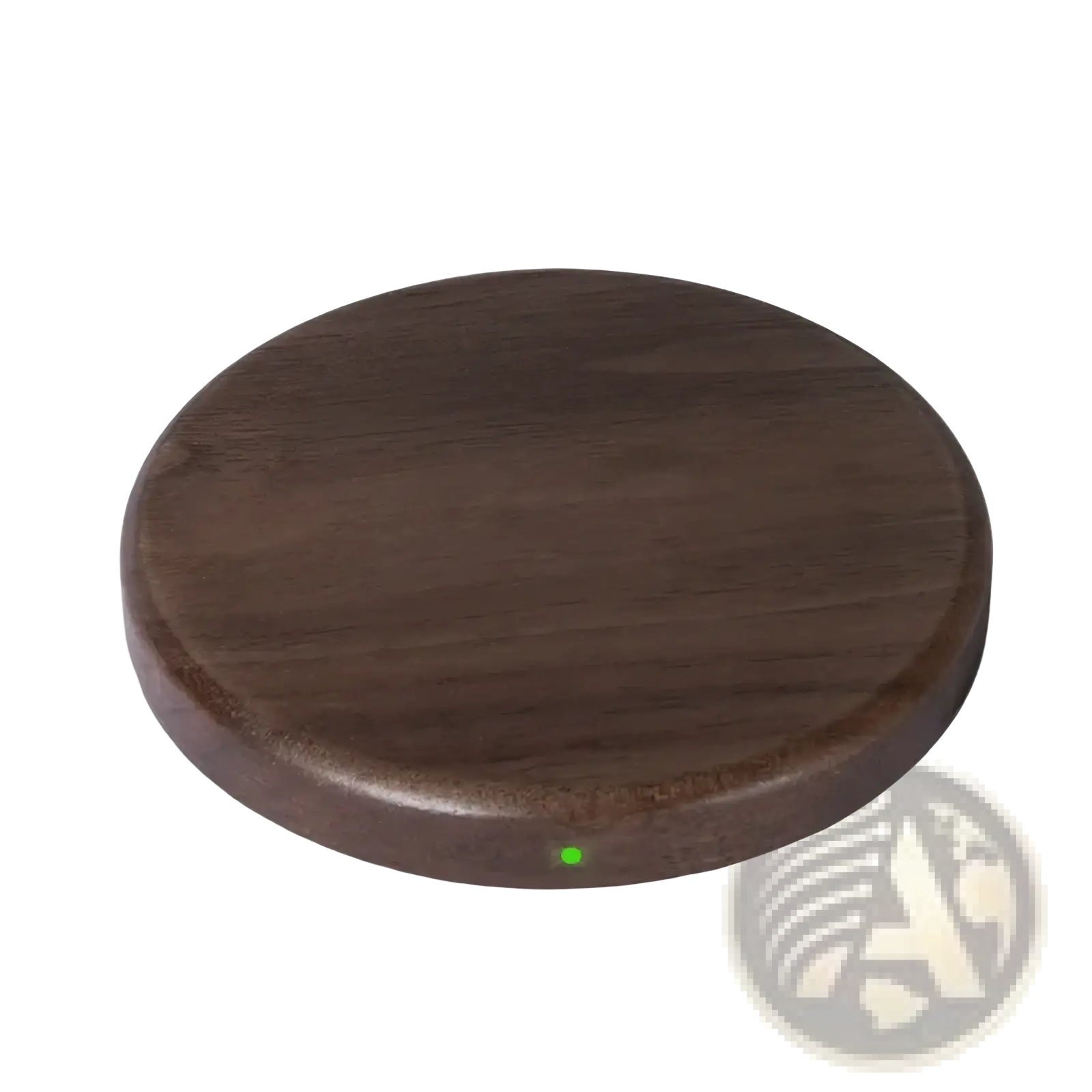 Dark brown walnut wood circular wireless charging pad with 15w power and green indicator light