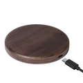 A sleek dark brown walnut wood wireless charging pad with a 15w usb-c port for fast charging