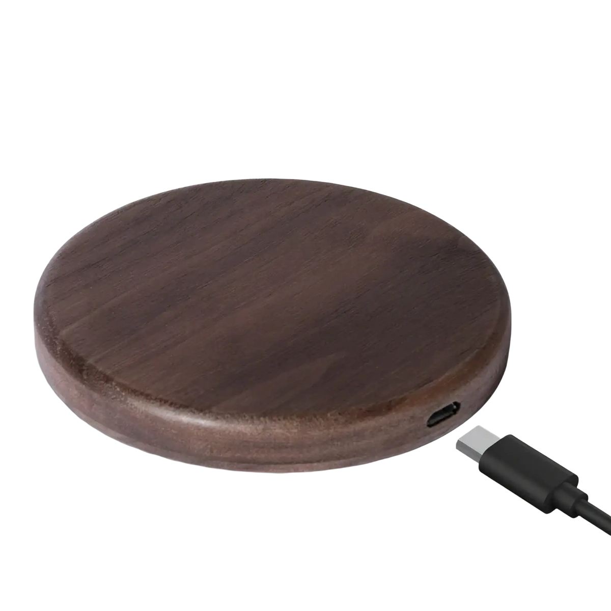 A sleek dark brown walnut wood wireless charging pad with a 15w usb-c port for fast charging