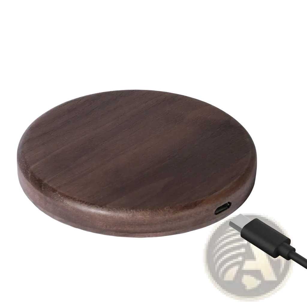 A sleek dark brown walnut wood wireless charging pad with a 15w usb-c port for fast charging
