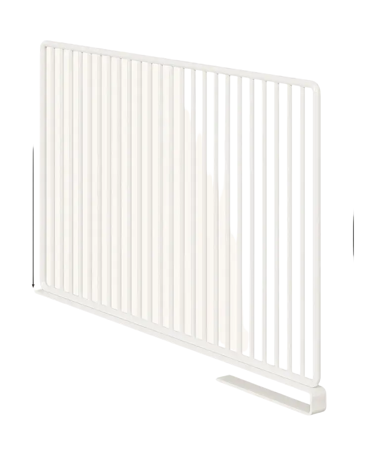 White plastic baby gate with vertical bars and a sturdy base as a wardrobe divider organizer for shelving