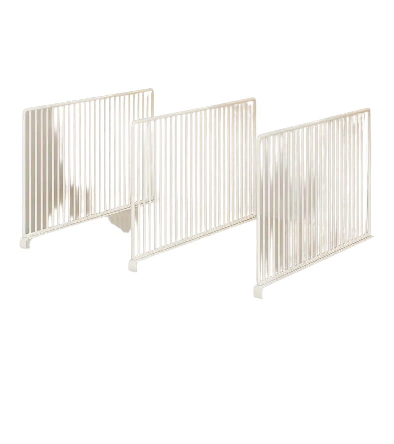Three white metal wardrobe divider organizers with vertical slats and flat bases for shelf separation