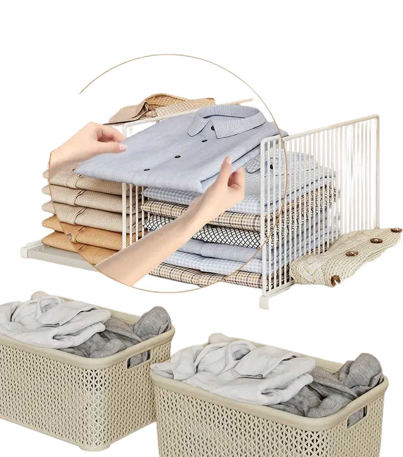 White metal wardrobe divider organizer shelf separator with vertical slats holding neatly folded shirts