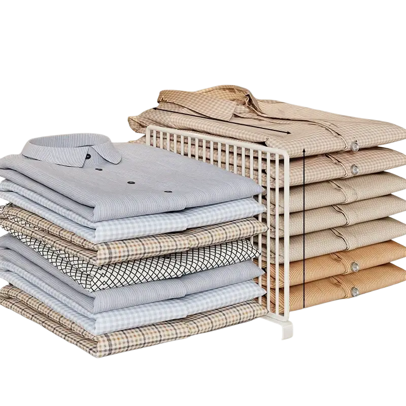 White wire mesh wardrobe divider organizer with vertical dividers and flat base for metal shelf separation