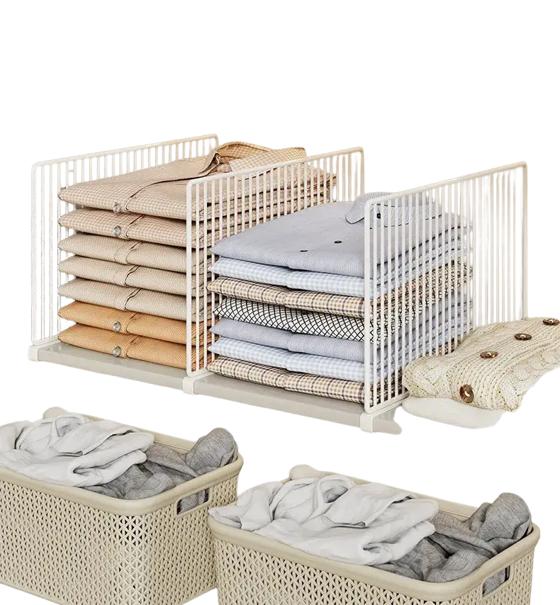 White metal wire mesh wardrobe divider organizer neatly separates folded shirts and pants on shelves for easy storage