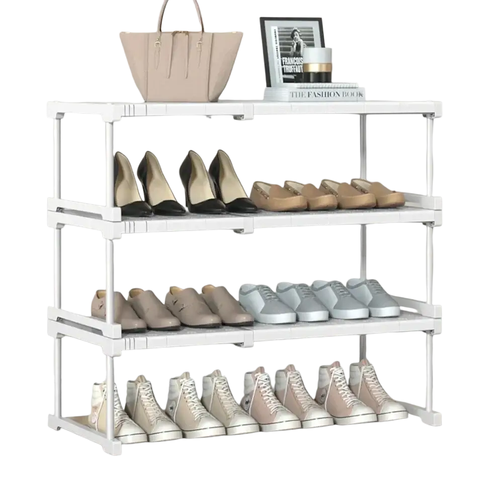 White four-tier stackable storage rack with minimalist design holding heels and sneakers wardrobe organizer