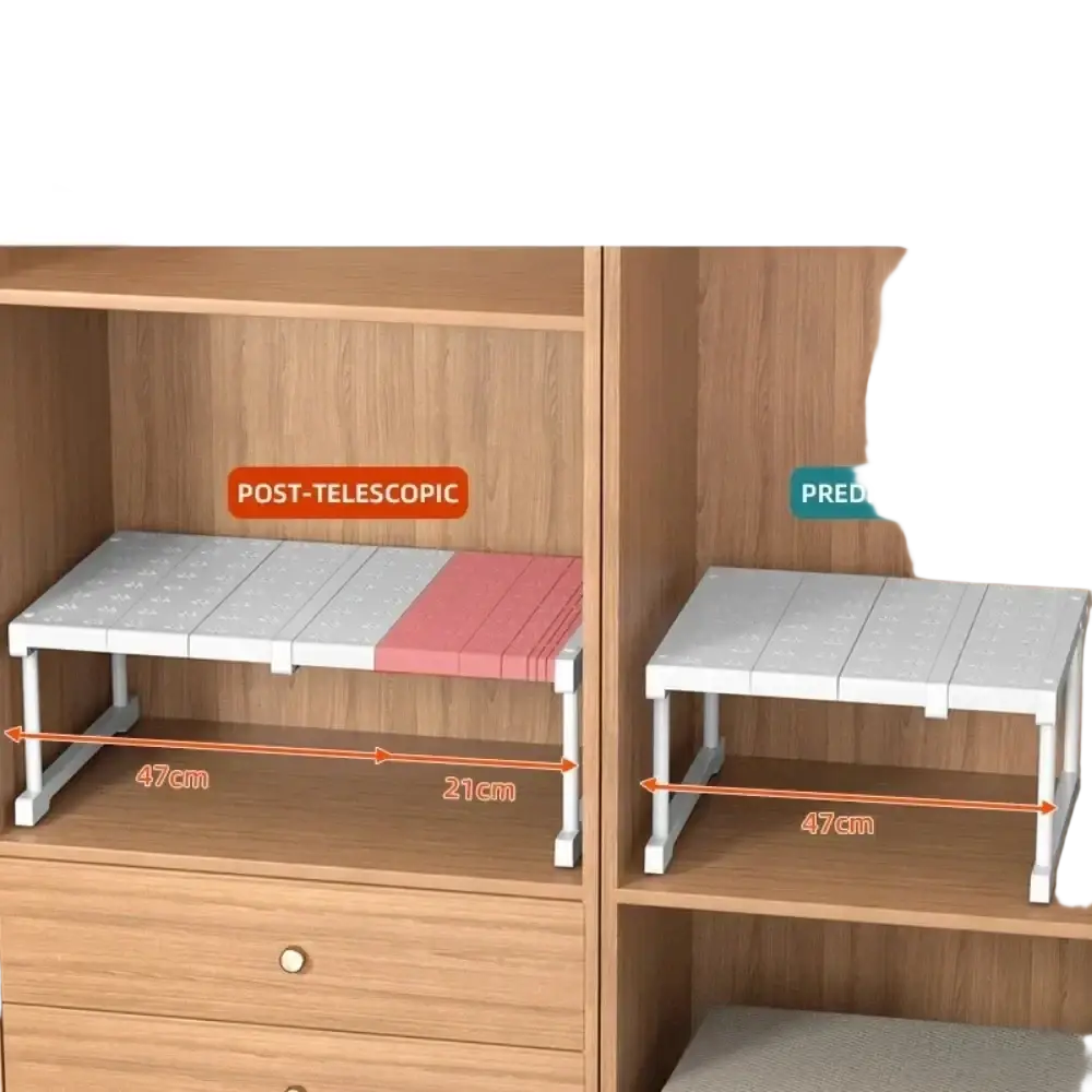 White plastic wardrobe organizer storage rack with stretchable cover panel and telescopic legs for stackable shelves clother