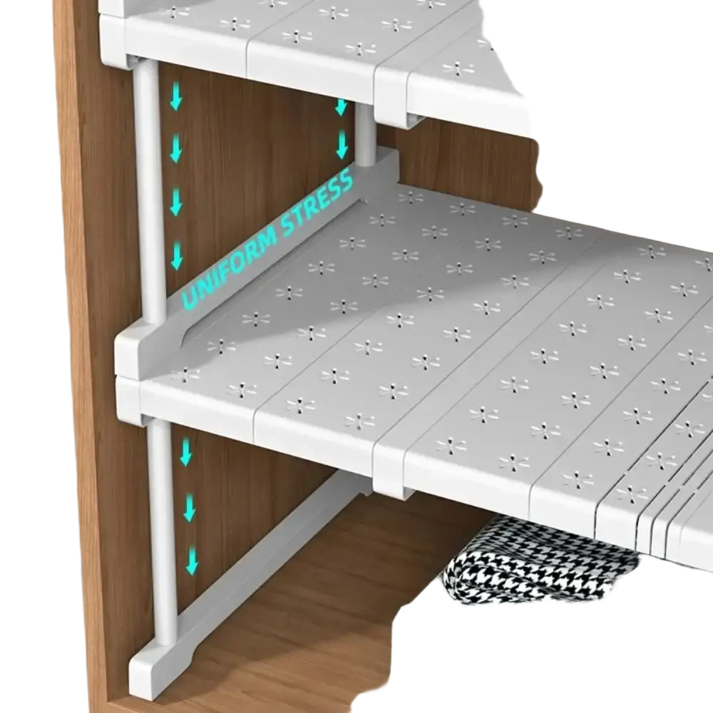 White plastic modular wardrobe organizer with stackable shelves grid pattern and reinforced supports storage rack