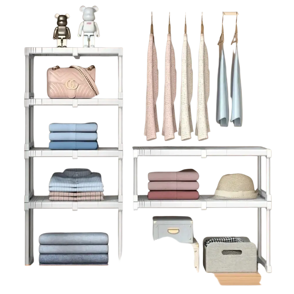 White plastic stackable wardrobe organizer with adjustable height brackets and multiple shelves for clothes storage rack