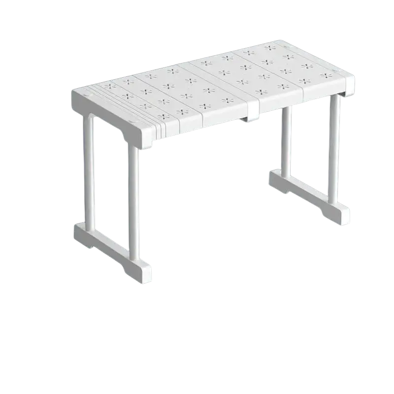 White plastic wardrobe organizer storage rack with perforated top and adjustable legs for stackable shelves clother
