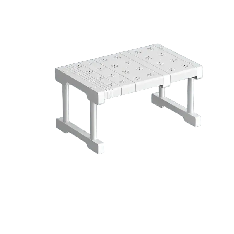 White plastic adjustable wardrobe organizer storage rack with textured surface and sturdy legs for stackable shelves