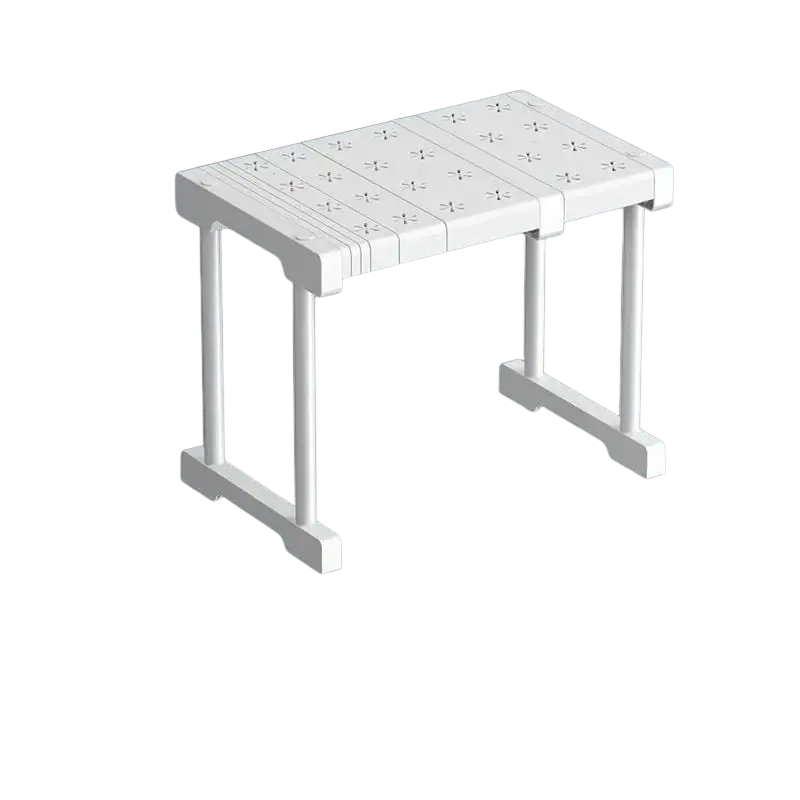White plastic stretchable wardrobe organizer with textured surface and adjustable length stackable storage rack