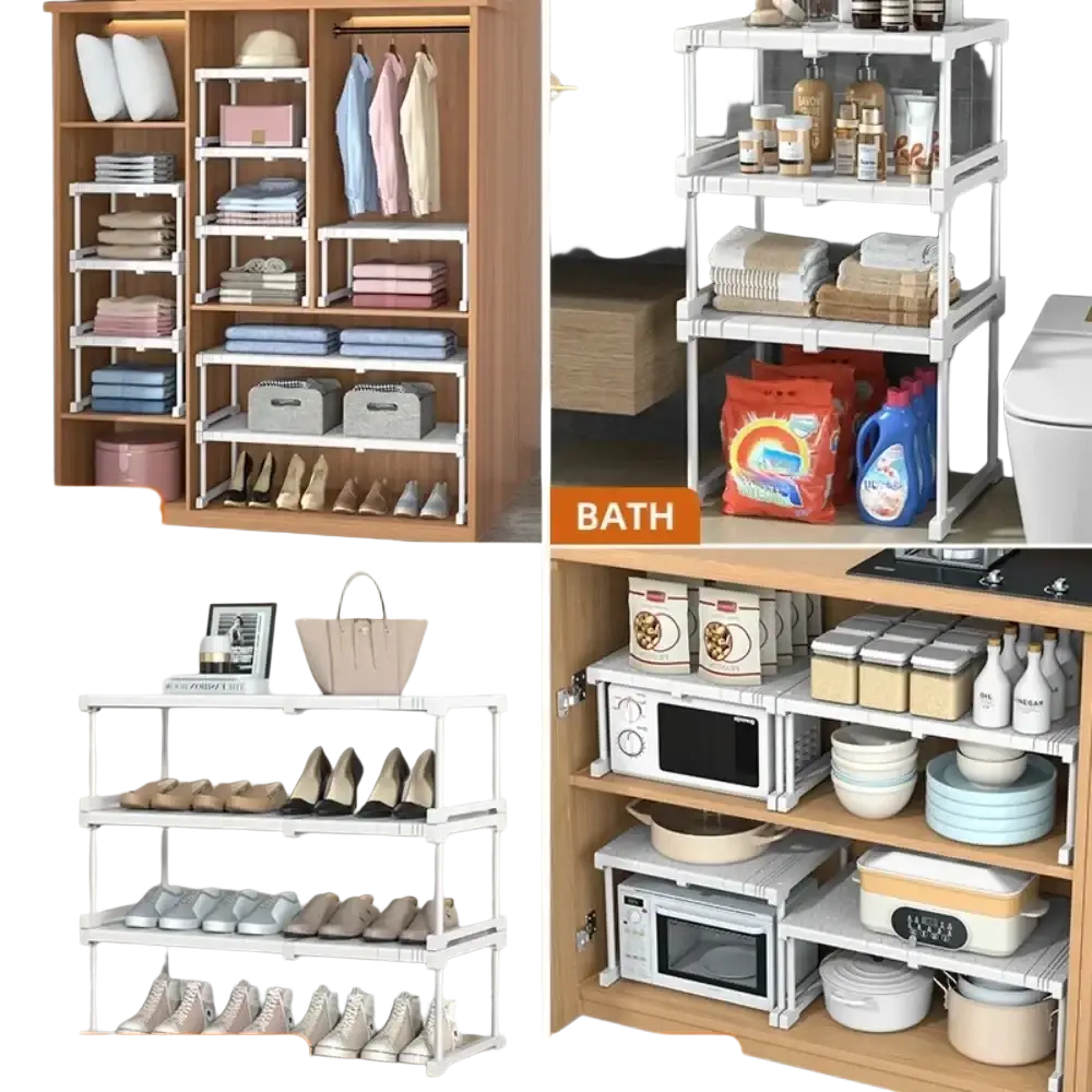 White plastic stackable storage rack with adjustable shelves and sturdy frame as a versatile wardrobe organizer