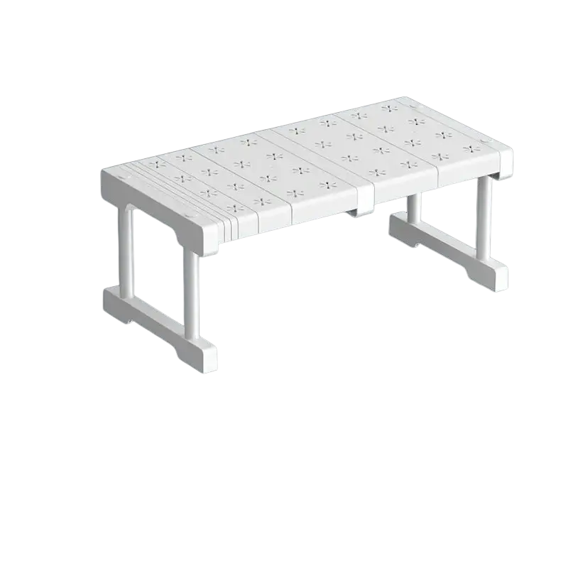 White plastic stretchable wardrobe organizer storage rack with textured surface and sturdy stackable shelves legs