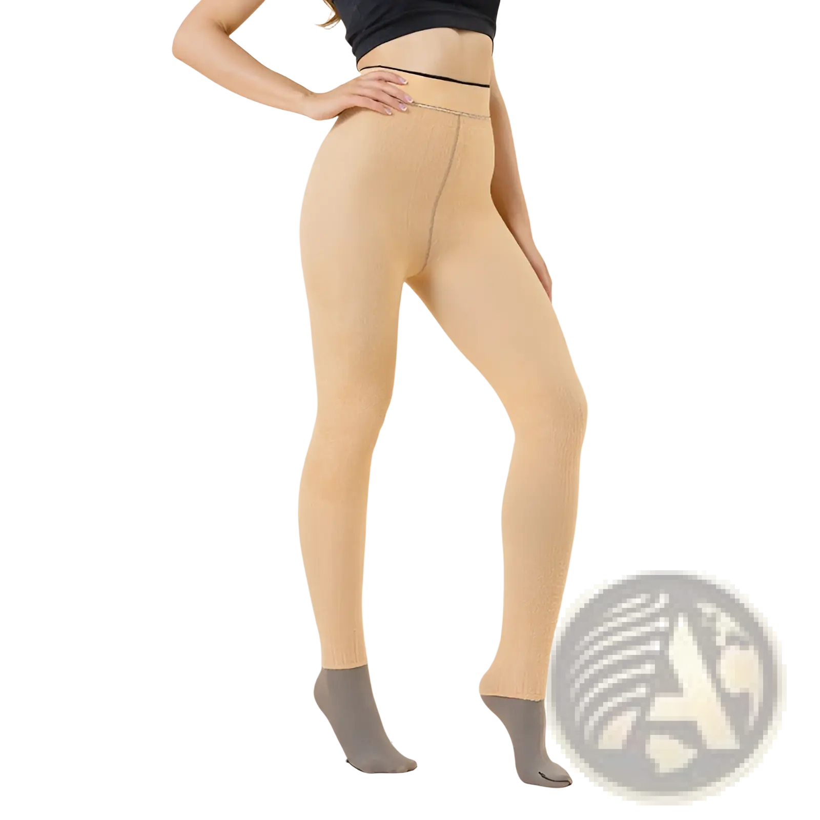 Beige warm fleece lined transparent pantyhose leggings with textured knit fabric and black elastic waistband