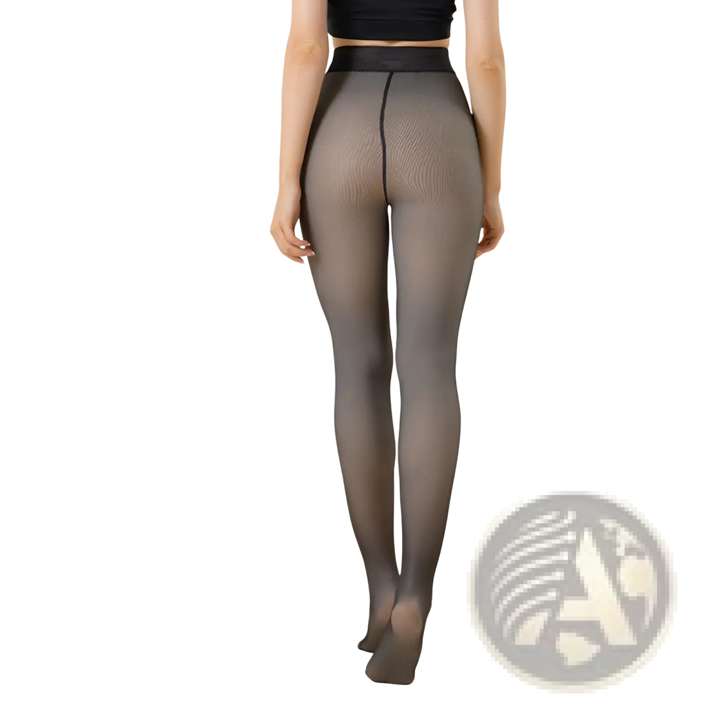 Black sheer warm fleece lined transparent pantyhose leggings with ribbed texture and high waisted design
