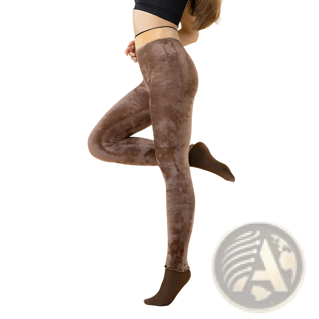 Brown velvet-textured warm fleece lined transparent pantyhose leggings with subtle pattern worn by model in dynamic pose