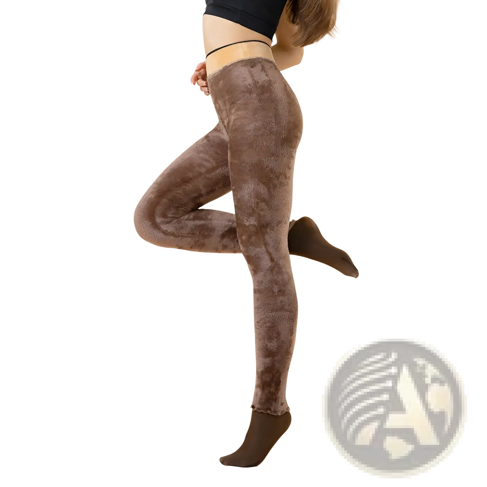 Brown velvet-textured warm fleece lined transparent pantyhose leggings with subtle pattern worn by model in dynamic pose