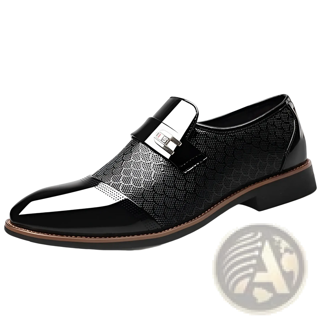 Warm high top black pu leather vulcanized shoe with glossy patent toe cap textured snake-scale upper and silver buckle strap