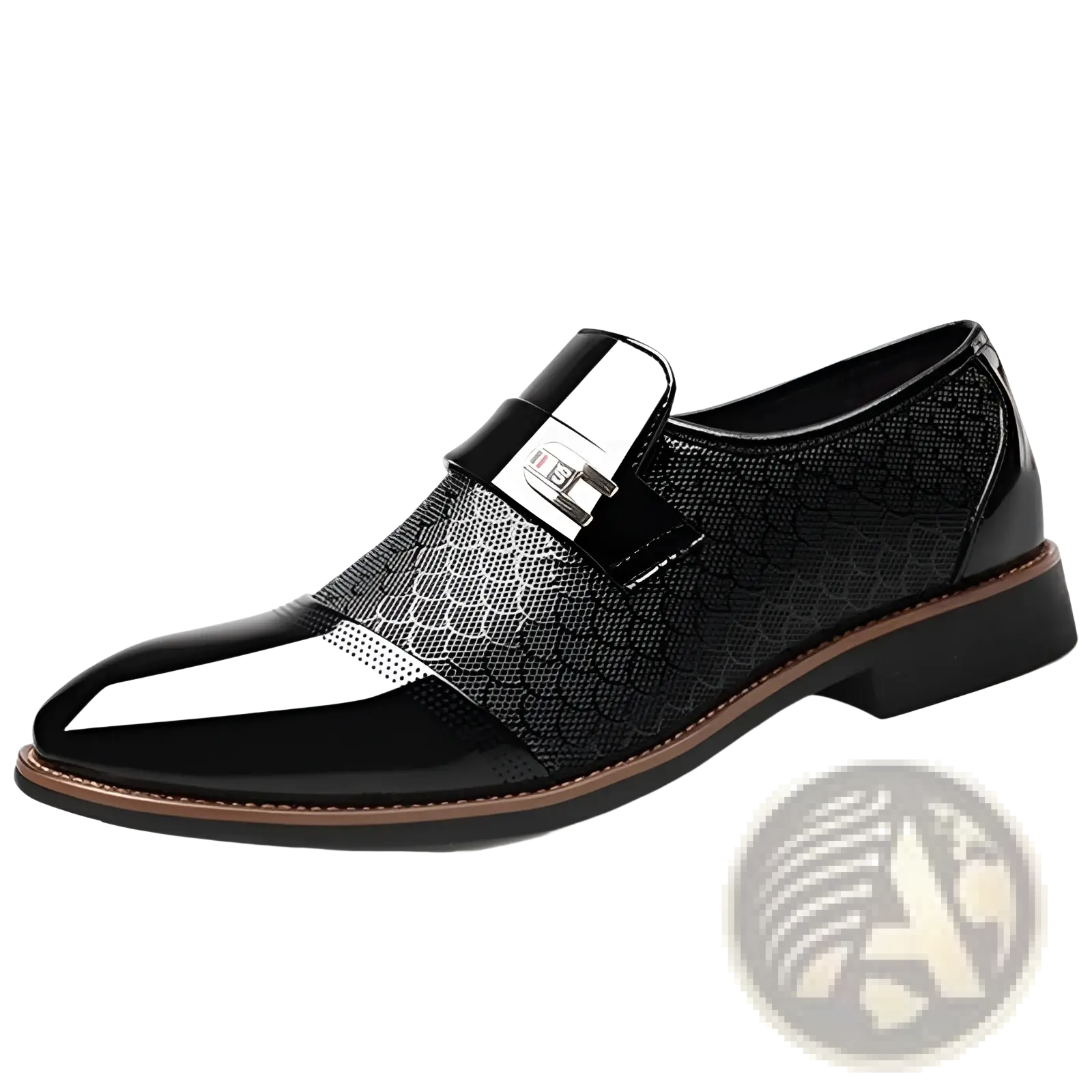 Warm high top black pu leather vulcanized shoe with glossy patent toe cap textured snake-scale upper and silver buckle strap