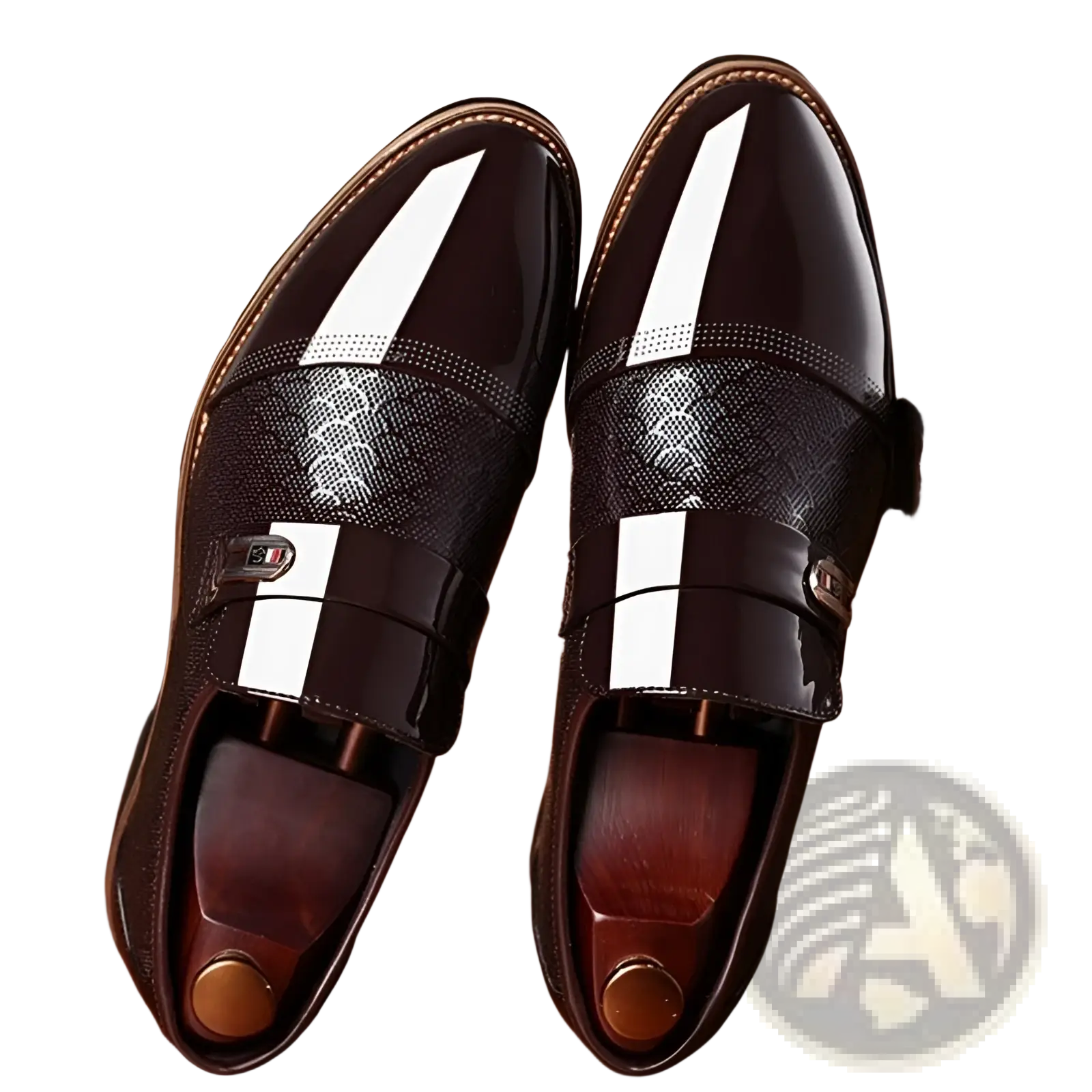 Warm high top black pu leather vulcanized shoes with glossy black patent loafers featuring white stripes and snake panels