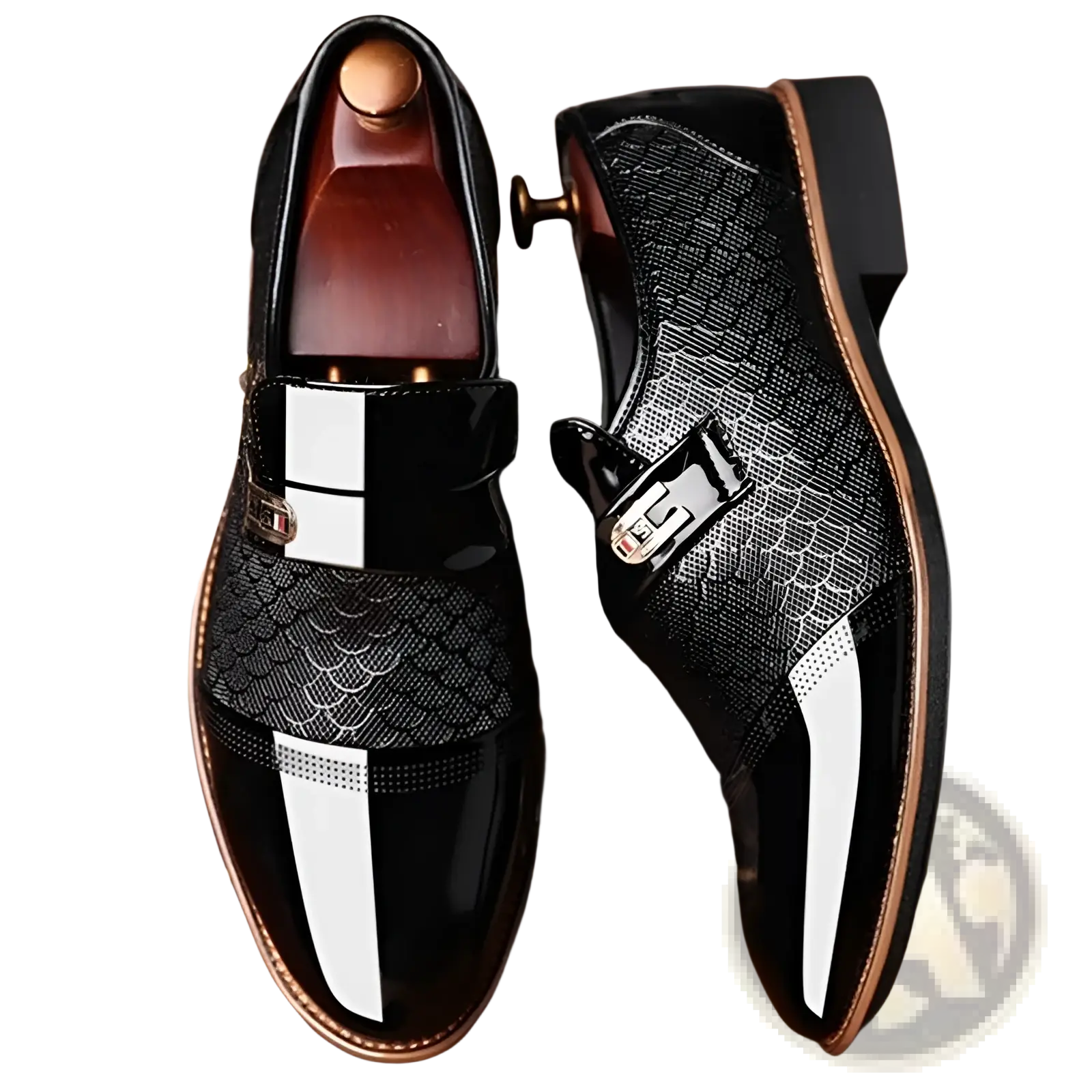 Warm high top black PU leather vulcanized shoes with glossy black and white snakeskin textured dress upper