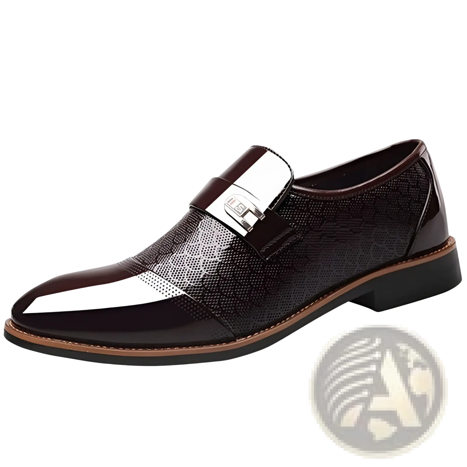 Warm high top black PU leather vulcanized shoe featuring a burgundy patent leather slip-on with white glossy toe cap and silver buckle