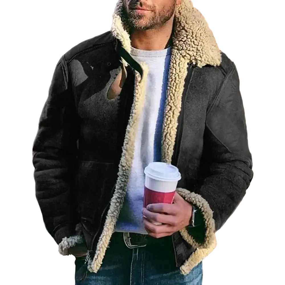 Black shearling-lined faux leather warm jackets motorcycle with beige fleece interior and classic motorcycle stand collar design
