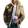Brown shearling bomber warm jackets motorcycle with plush cream fleece lining and classic motorcycle stand collar design