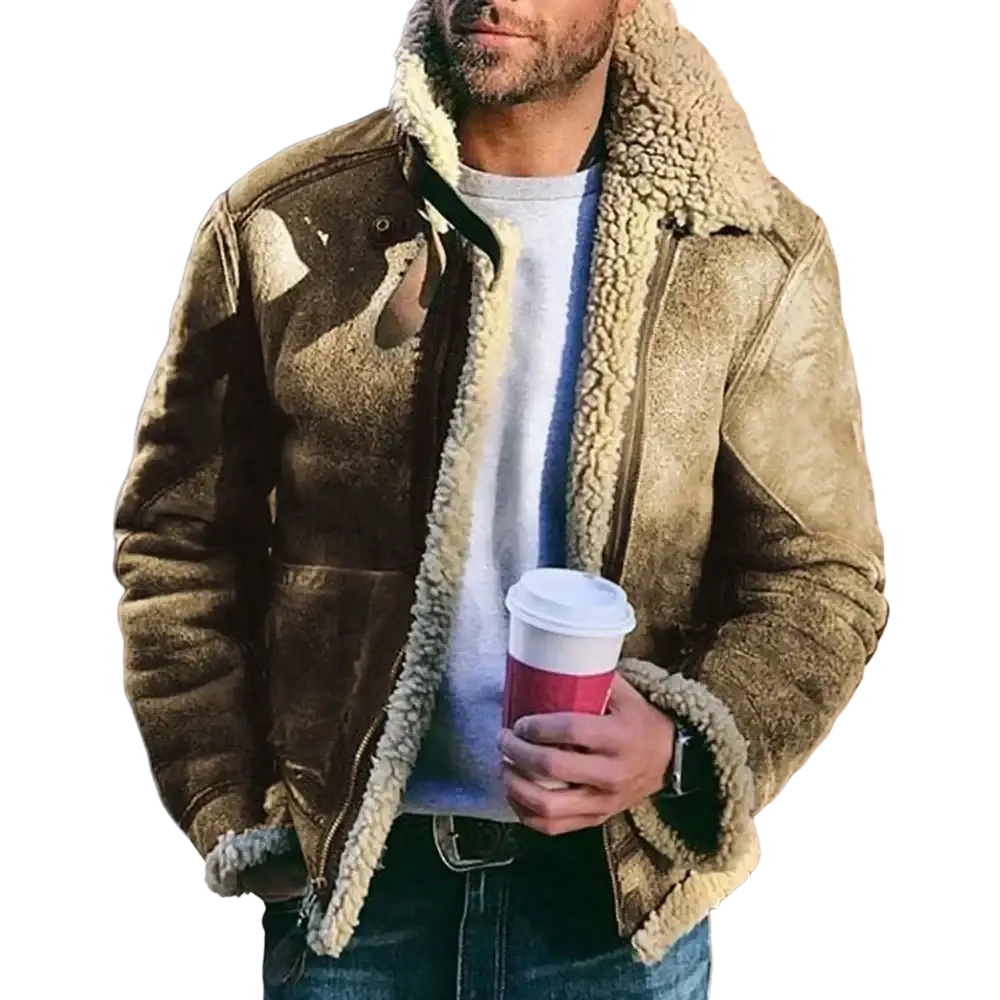 Brown shearling bomber jacket with plush beige fleece lining and motorcycle stand collar for warm jackets motorcycle use