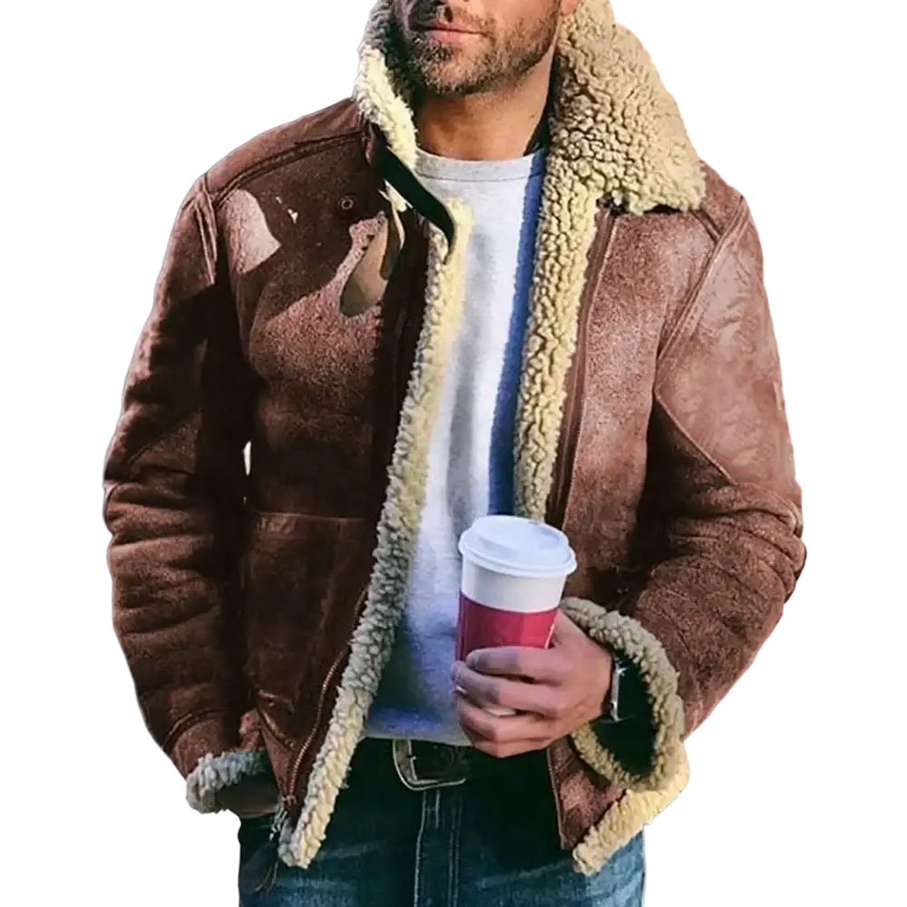 Brown shearling-lined faux leather warm jackets motorcycle with plush cream fleece and stand collar for men