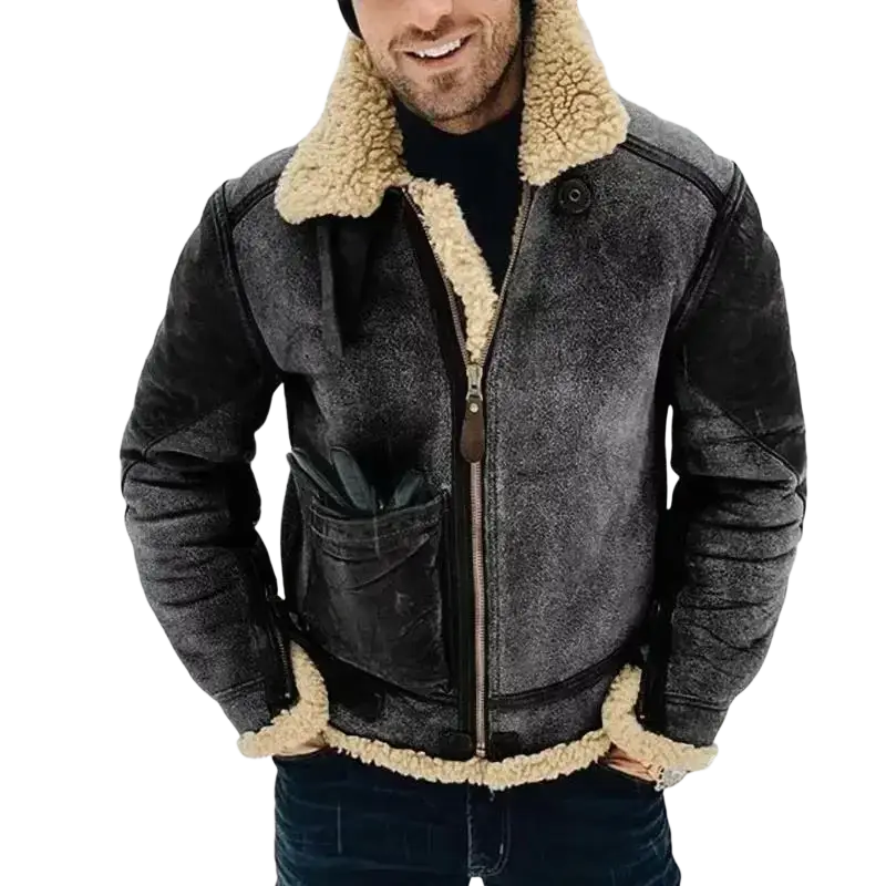 Dark gray suede warm jackets motorcycle with tan shearling lining and motorcycle stand collar for men