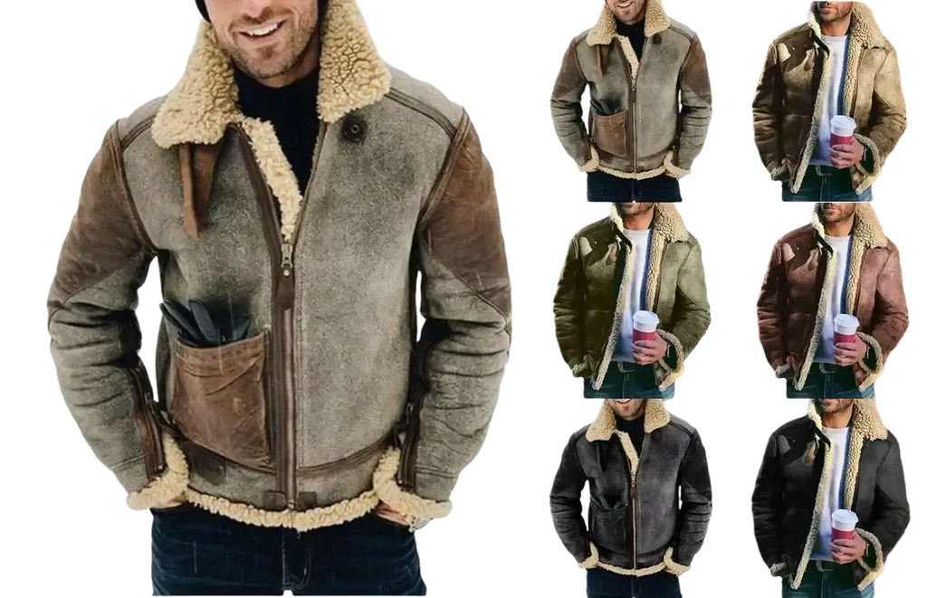 Warm jackets motorcycle men shearling-lined bomber jacket in weathered tan leather with plush beige fleece collar