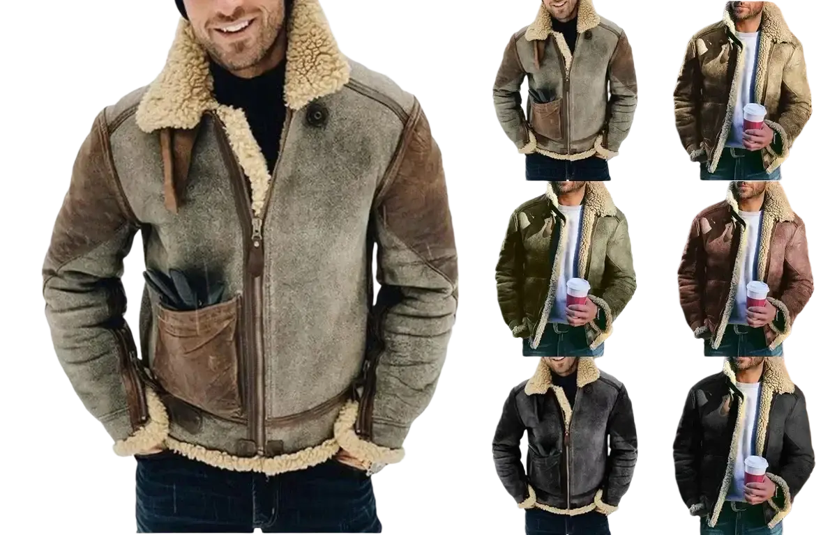 Warm jackets motorcycle men shearling-lined bomber jacket in weathered tan leather with plush beige fleece collar