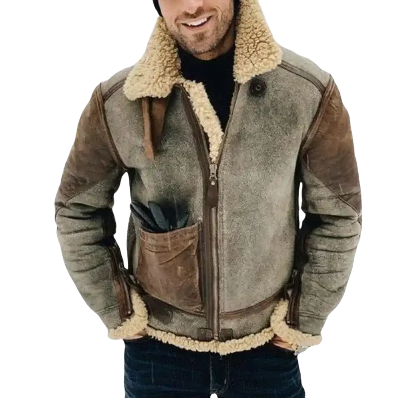 A rugged two-tone warm jackets motorcycle shearling bomber with gray body brown leather sleeves and beige fleece lining