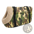Warm pet carrier canvas fleece travel bag with camouflage pattern, plush beige fleece lining, and black webbing straps