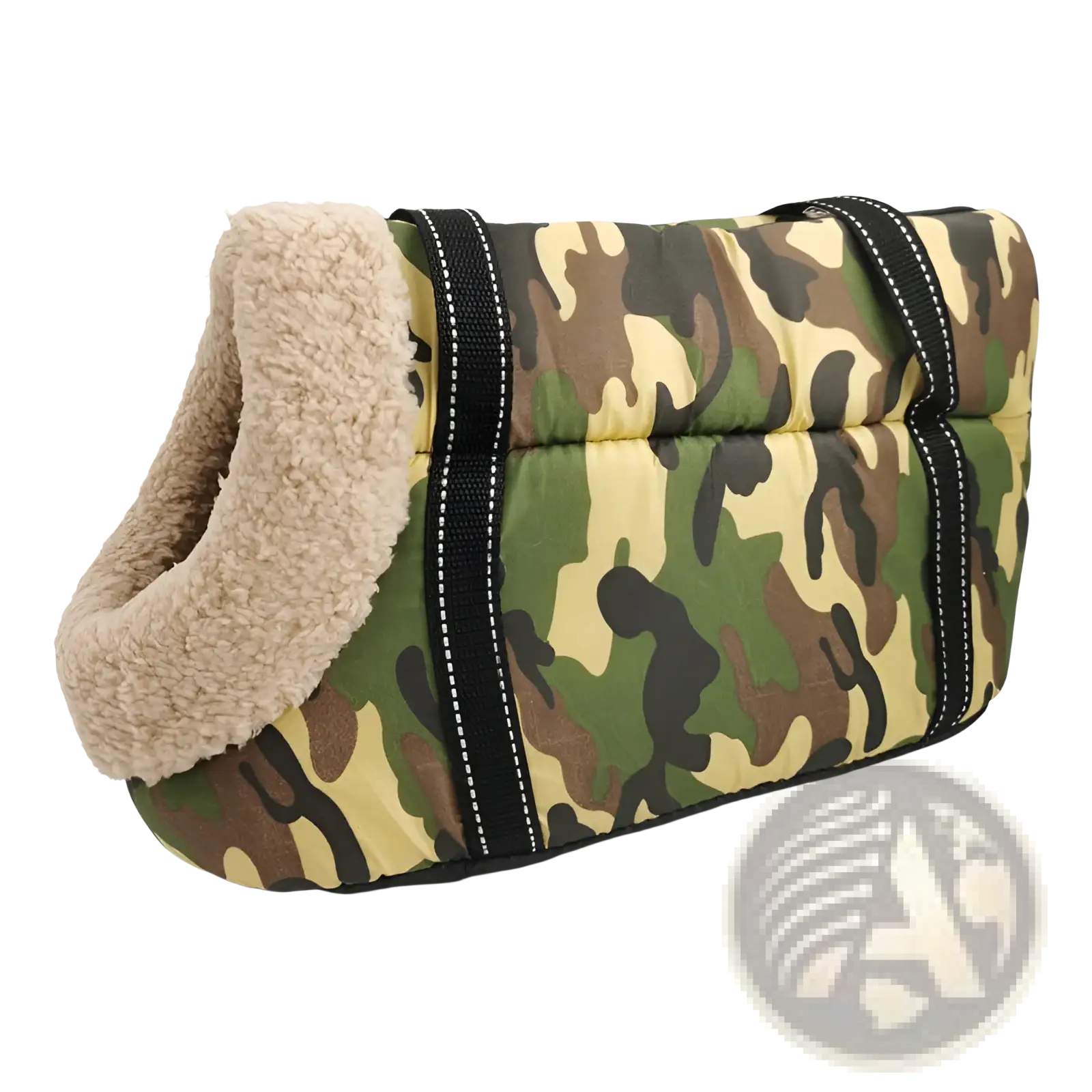 Warm pet carrier canvas fleece travel bag with camouflage pattern, plush beige fleece lining, and black webbing straps