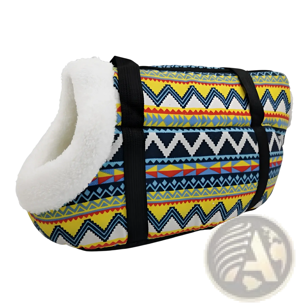 Vibrant geometric patterned warm pet carrier canvas fleece travel bag with plush white fleece lining and black straps