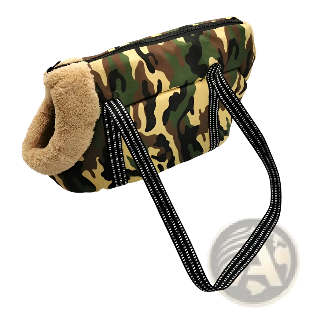 Warm pet carrier canvas fleece travel bag in camouflage pattern with plush tan fleece lining and black reflective-striped straps