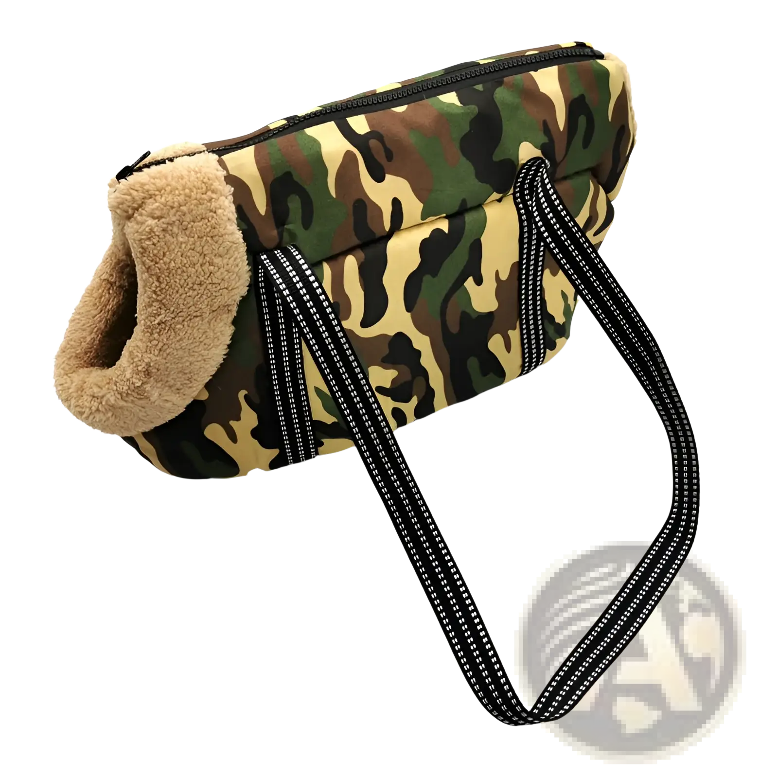Warm pet carrier canvas fleece travel bag in camouflage pattern with plush tan fleece lining and black reflective-striped straps