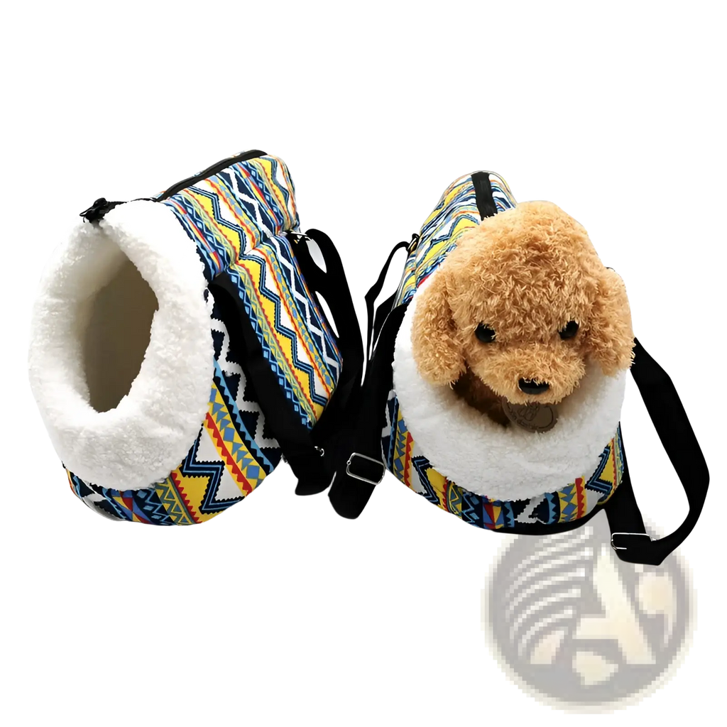 Colorful geometric-patterned warm pet carrier made of canvas with plush white fleece lining and black straps for travel