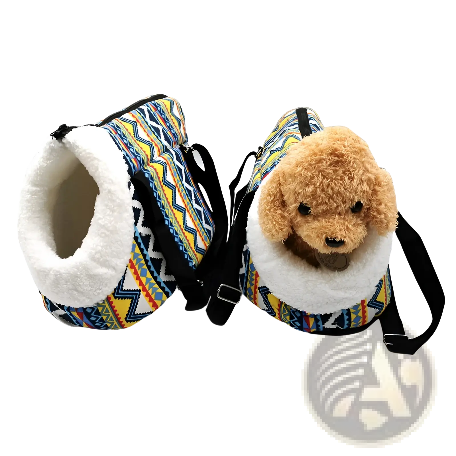 Colorful geometric-patterned warm pet carrier made of canvas with plush white fleece lining and black straps for travel